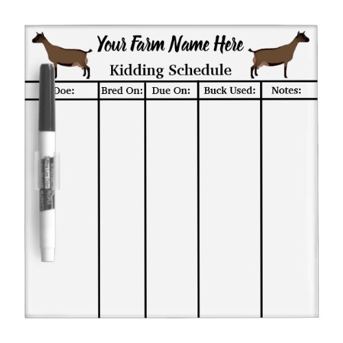 Personalized Oberhasli Dairy Goat Kidding Schedule Dry Erase Board