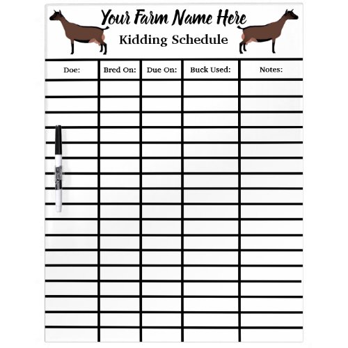 Personalized Oberhasli Dairy Goat Kidding Schedule Dry Erase Board