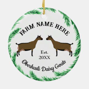 Personalized Oberhasli Dairy Goat Pine Wreath Ceramic Ornament
