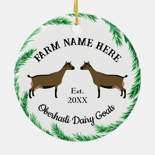 Personalized Oberhasli Dairy Goat Pine Wreath Ceramic Ornament (Back)