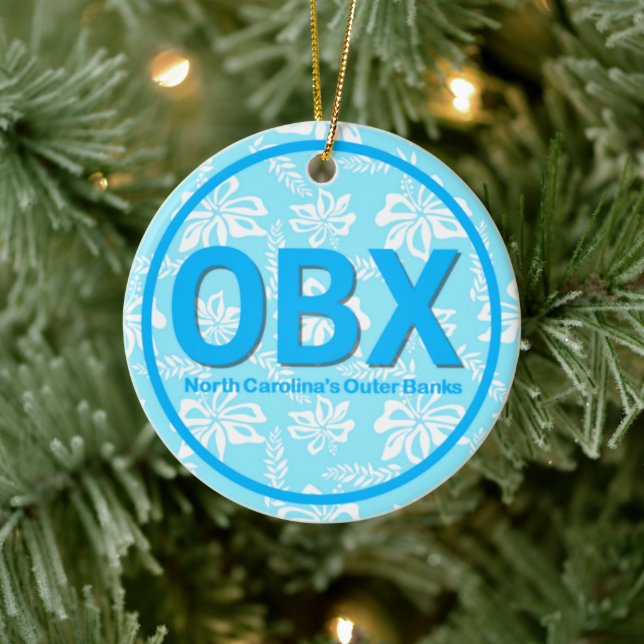 Personalized OBX Outer Banks Blue Flower Christmas Ceramic Ornament (Tree)