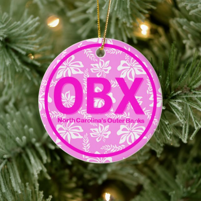Personalized OBX Outer Banks NC Beach Pink Floral Ceramic Ornament (Tree)
