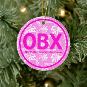 Personalized OBX Outer Banks Pink Flower Christmas Ceramic Ornament