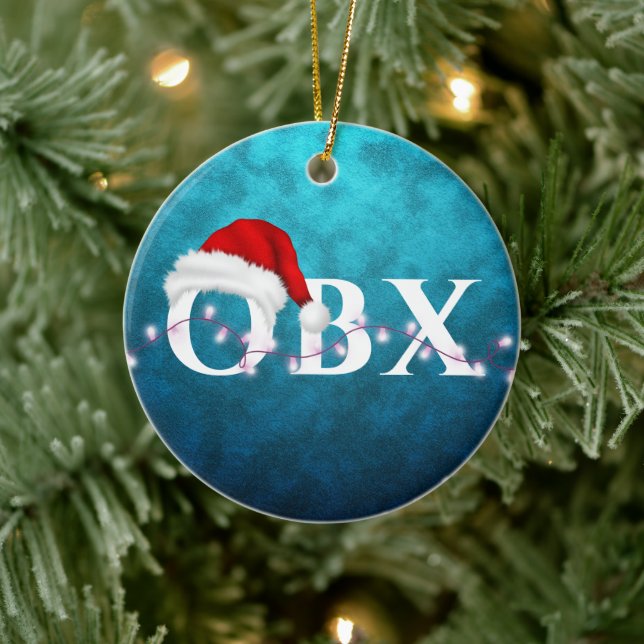 Personalized OBX Santa Hat and Lights Christmas Ceramic Ornament (Tree)