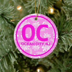 Personalized OC NJ Ocean City New Jersey in Pink Ceramic Ornament