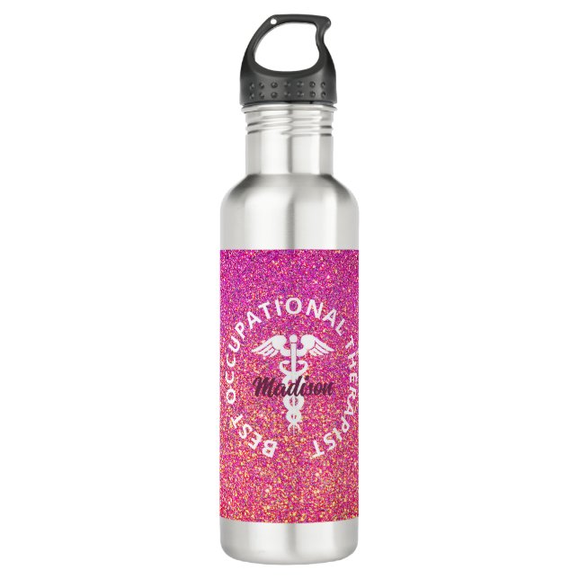 Personalized Occupational Therapist Pink Glitter Stainless Steel Water Bottle (Front)