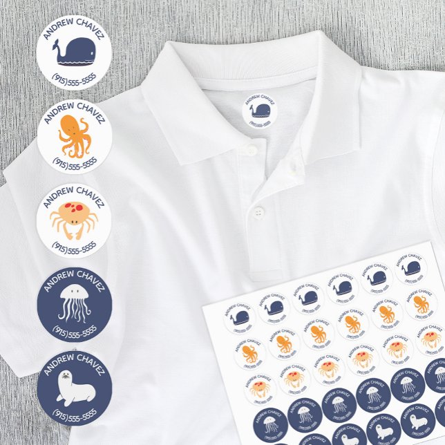 Personalized Ocean Animals School Daycare Kids' Labels (Your kids will love these cute ocean animal themed name tags for clothing, uniforms, and jackets.)