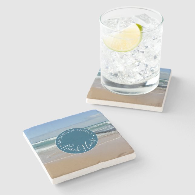 Personalized Ocean Beach House Round Stone Coaster (Side)