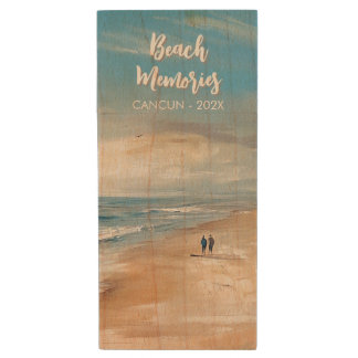 Personalized Ocean Beach Vacation Scene Wood Flash Drive