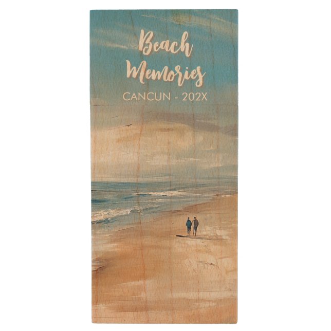 Personalized Ocean Beach Vacation Scene Wood Flash Drive (Front Vertical)