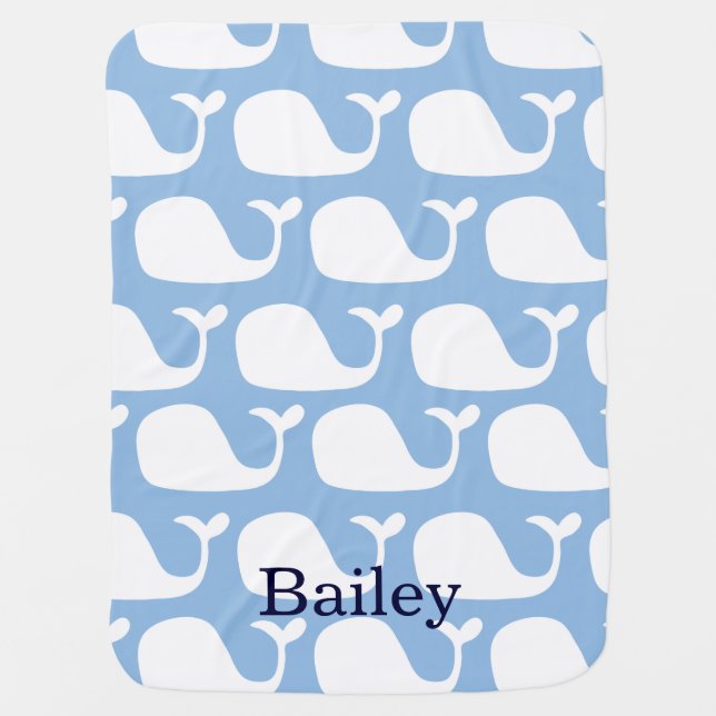Personalized Ocean Blue Whales Baby Blanket (Front)