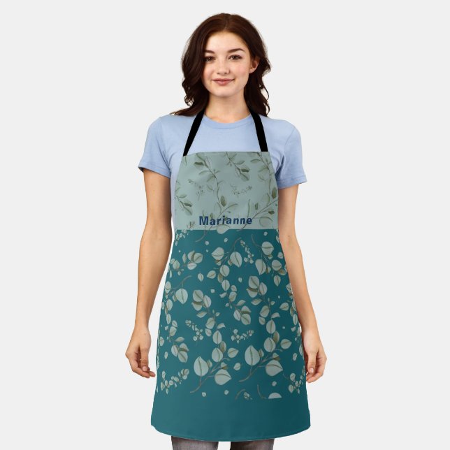 Personalized Ocean Blues Greens Florals Apron (Worn)