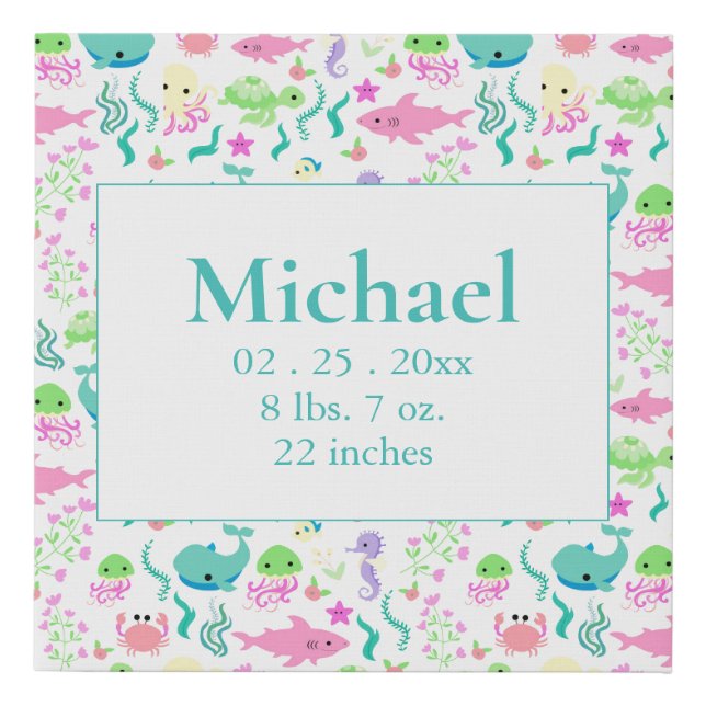 Personalized Ocean Fish Whale Birth Stats Faux Canvas Print (Front)