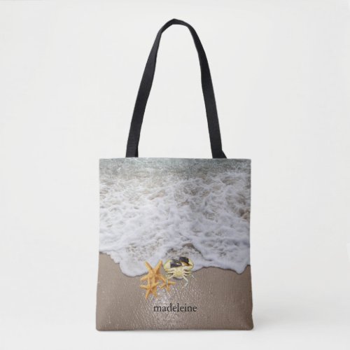 Personalized Ocean Surf  sand w crab  starfish Tote Bag
