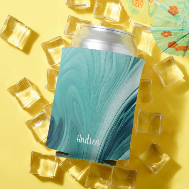 Personalized Ocean Wave Teal Marble Can Cooler (In Situ Summer)