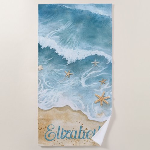Personalized Ocean Wave with Starfish Beach Towel