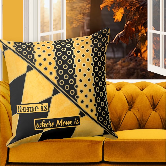 Personalized Ocher Black Geometric Pattern Pillow (A modern design pillow featuring a geometric pattern in ocher and black with a touch of gold)