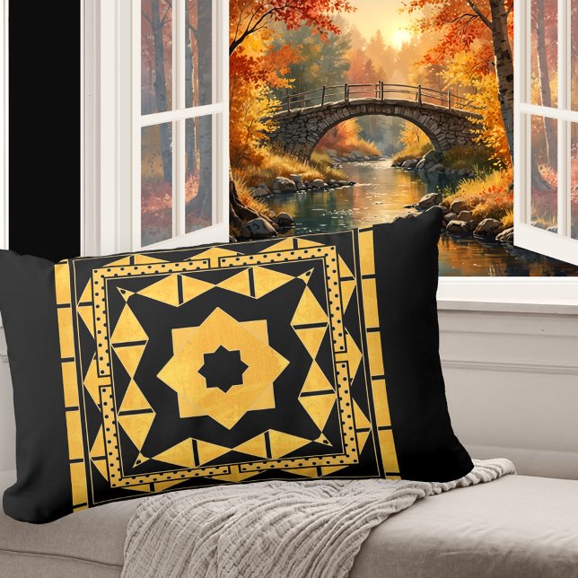 Personalized Ocher Black Pattern Pillow (Elegant pillow featuring an art deco inspired abstract design in black and ocher)