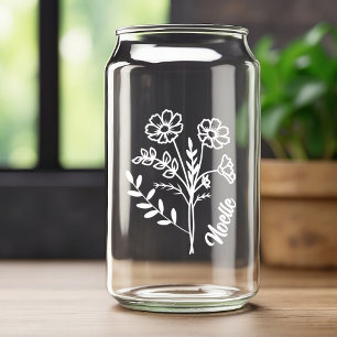 Personalized October Birth Flower Cosmos White Can Glass