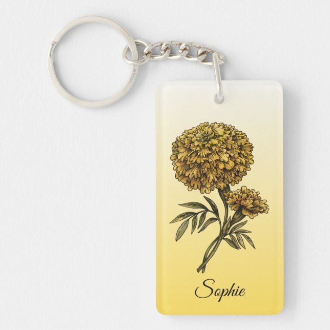 Personalized October Birth Flower Marigold Keychain (Front)