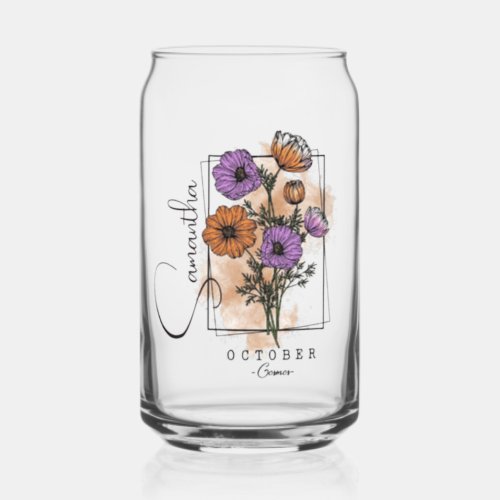 Personalized October Birth Flower With Name  Can Glass