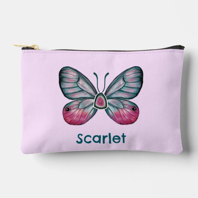 Personalized October Pink Glasswing Butterfly Art Accessory Pouch (Front)