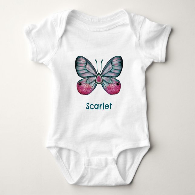 Personalized October Pink Glasswing Butterfly Art Baby Bodysuit (Front)