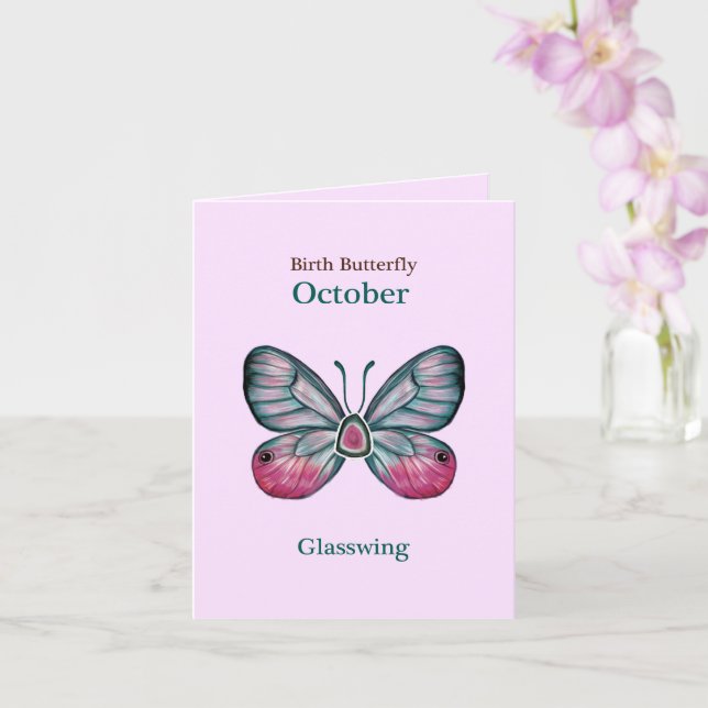 Personalized October Pink Glasswing Butterfly Art Card (Orchid)