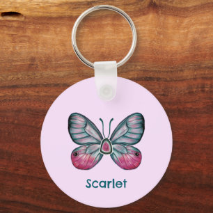 Personalized October Pink Glasswing Butterfly Art Keychain