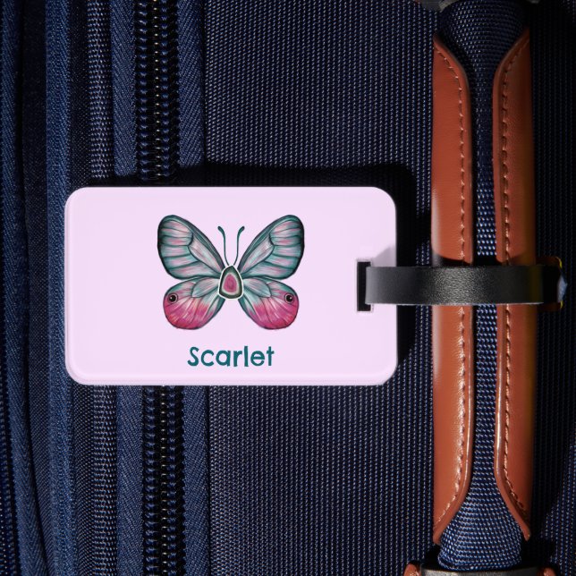 Personalized October Pink Glasswing Butterfly Art Luggage Tag (Back Insitu 2)