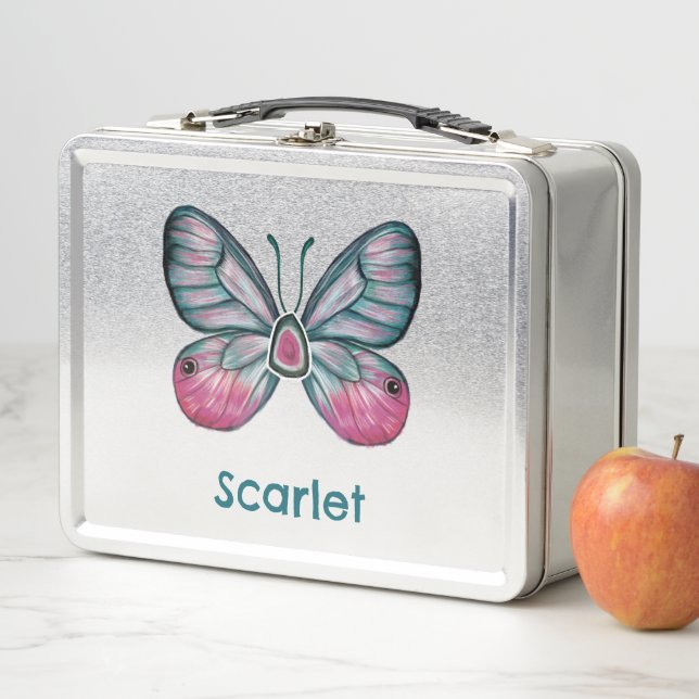 Personalized October Pink Glasswing Butterfly Art Metal Lunch Box (In Situ)