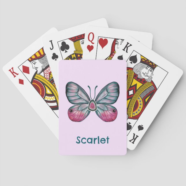 Personalized October Pink Glasswing Butterfly Art Poker Cards (Back)