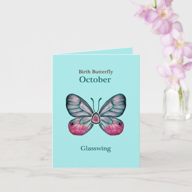 Personalized October Teal Glasswing Butterfly Art Card (Orchid)