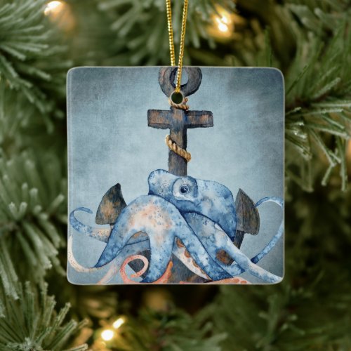 Personalized Octopus and Anchor Nautical Christmas Ceramic Ornament