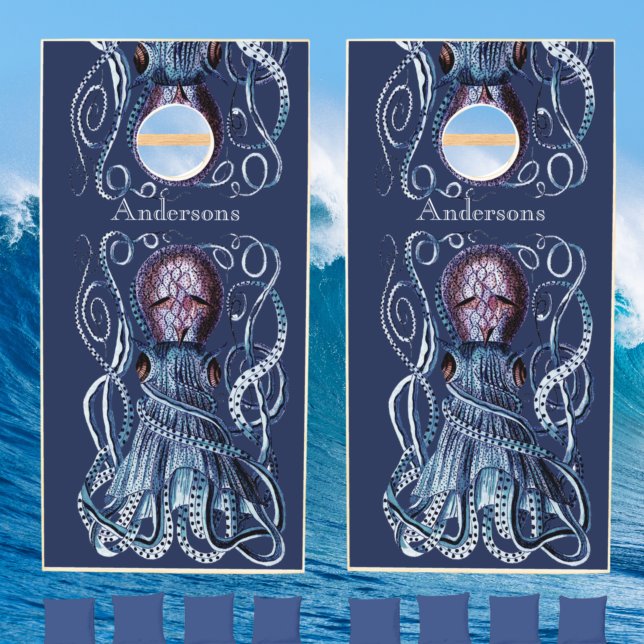 Personalized Octopus  Navy Blue Nautical Cornhole Set (Creator Uploaded)