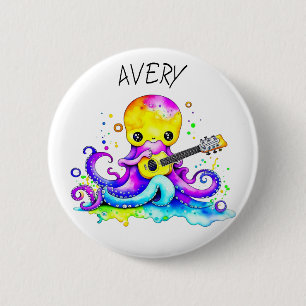 Personalized Octopus Playing Guitar Psychedelic Button
