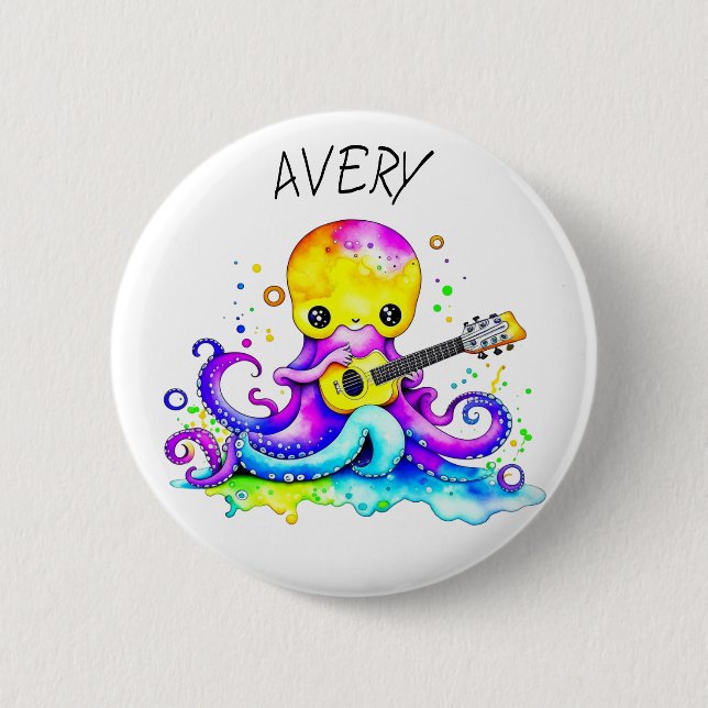 Personalized Octopus Playing Guitar Psychedelic   Button (Front)