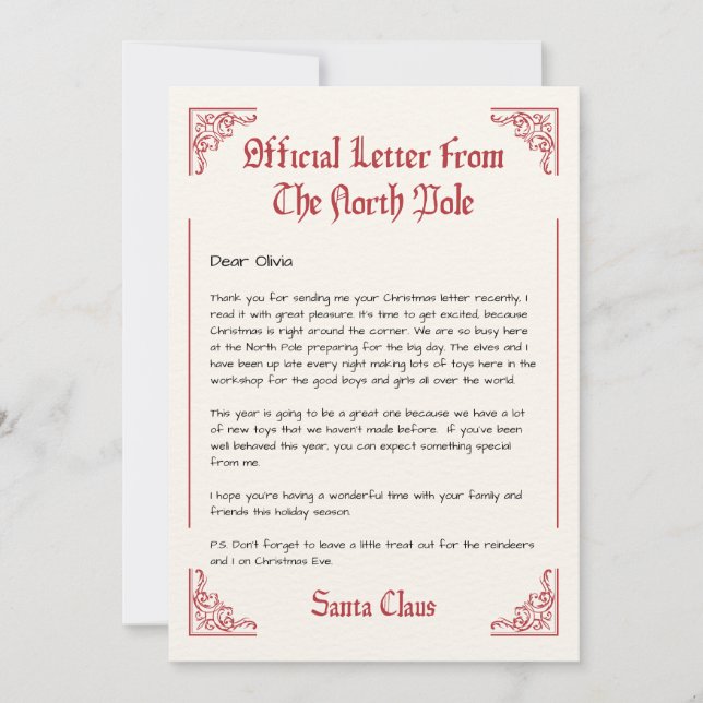 Personalized Official North Pole Letter From Santa Invitation (Front)