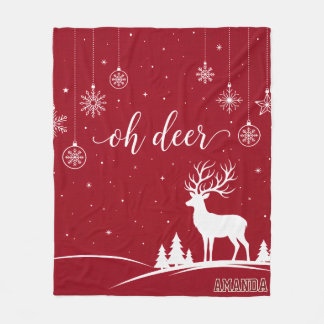 Personalized Oh Deer Christmas Reindeer Red Fleece Blanket
