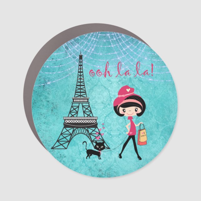 Personalized Oh La La Paris Girl and Cat Car Magnet (Front)