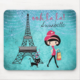 Personalized Oh La La Paris Girl and Cat Mouse Pad