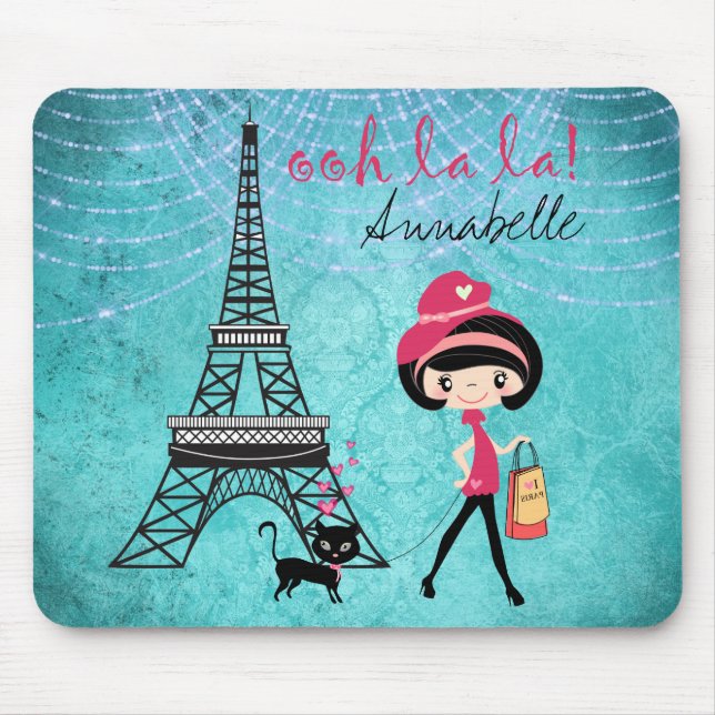 Personalized Oh La La Paris Girl and Cat Mouse Pad (Front)
