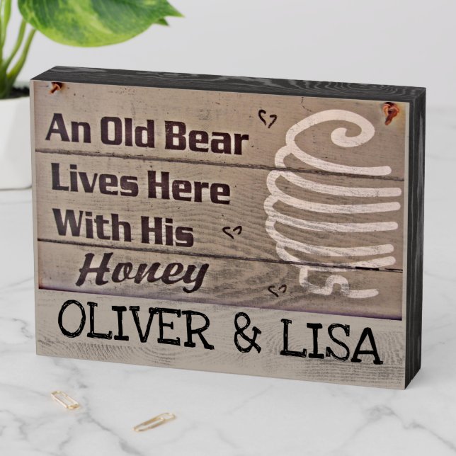 PERSONALIZED OLD BEAR & HIS HONEY WOOD WALL SIGN (In Situ Horizontal)