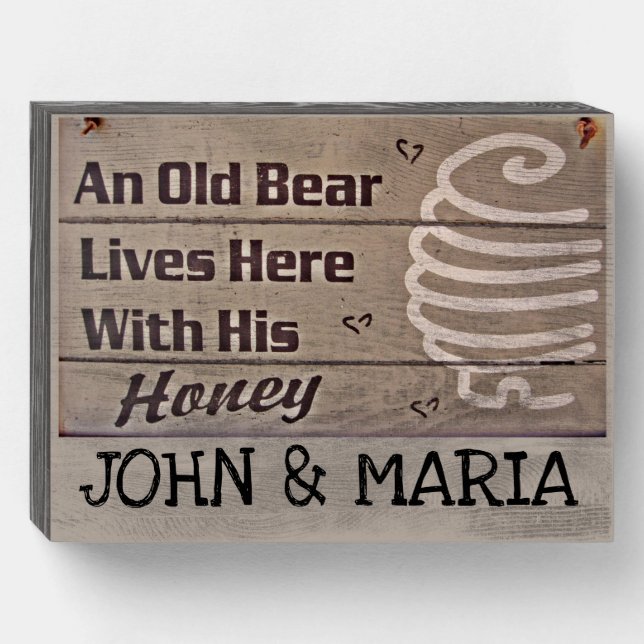PERSONALIZED OLD BEAR & HIS HONEY WOOD WALL SIGN (Front Horizontal)