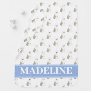 Personalized Old English Sheepdog Blue & White Baby Blanket