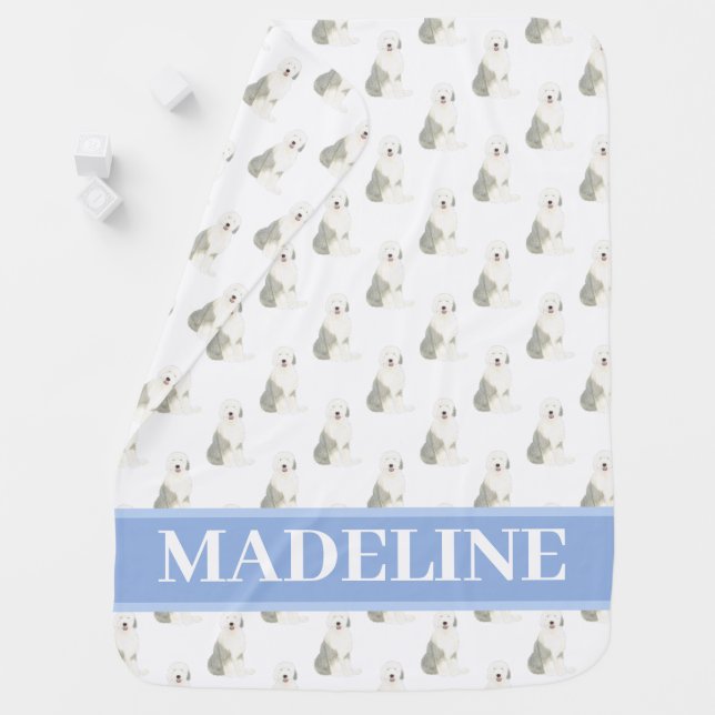 Personalized Old English Sheepdog Blue & White Baby Blanket (In Situ)