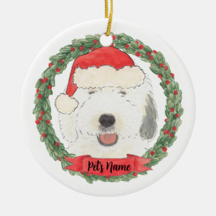 Old English Sheepdog Christmas Santa Hat Xmas Color Lights Poster