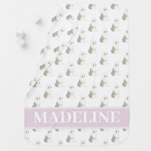 Personalized Old English Sheepdog Pink & White Baby Blanket