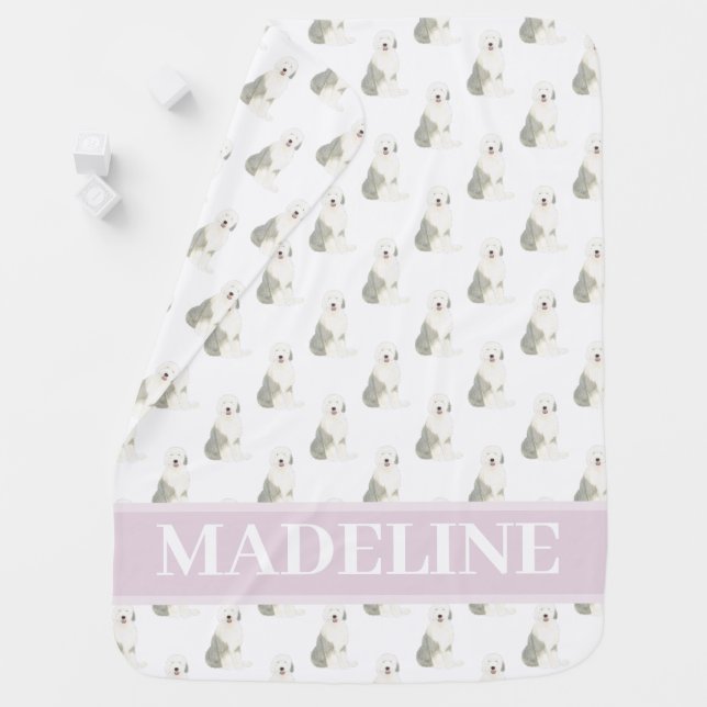 Personalized Old English Sheepdog Pink & White Baby Blanket (In Situ)