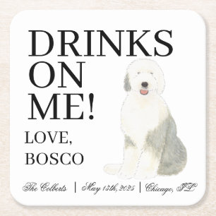 Personalized Old English Sheepdog Wedding Square Paper Coaster